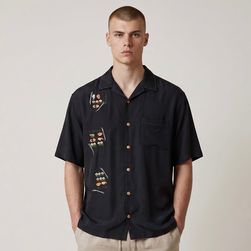 Nat Nast Silk Shirt M Sushi Limited Edition Design 103 Black Camp Casual Novelty